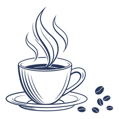 Stylized line art illustration of a steaming coffee cup with beans