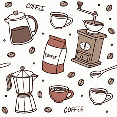 Doodle style coffee collection with beans cups and brewing equipment