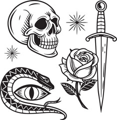 Black and White Traditional Tattoo Style Set with Skull, Snake, Dagger, Rose and Moon Elements