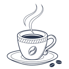 Steaming cup of coffee with coffee beans and saucer line art