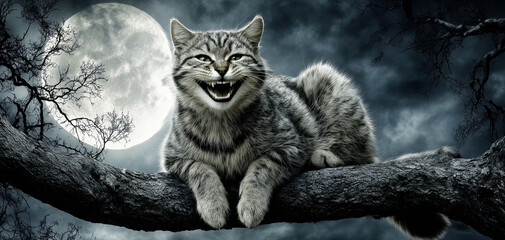 Halloween fantasy: vampire tabby cat crouched on a branch smiling in the moonlight