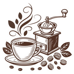 Vintage coffee grinder and steaming cup with beans and leaves