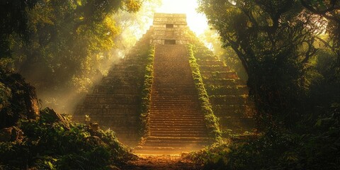 Stone pyramid structure covered with vines stands in dense misty jungle surrounded by tall trees and undergrowth. Generative by AI.