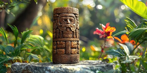 Tall stone monument covered in intricate carvings stands in tropical forest clearing near waterfall and dense plants. Generative by AI.
