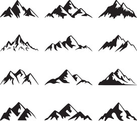 Set of mountain vector icons with nature landscape sun snow desert and travel symbols