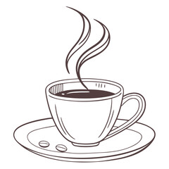 Hand drawn illustration of a steaming cup of coffee on a saucer with coffee beans