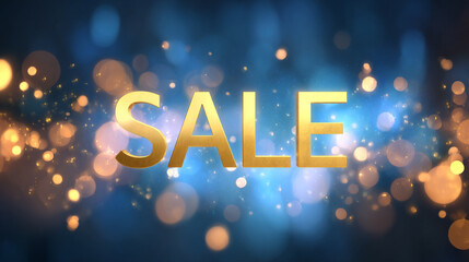 Luxury gold SALE text overlaying a blue festive bokeh scene, great for social media marketing and retail offers.

