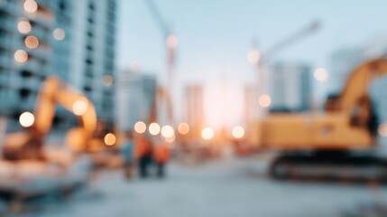 Fototapeta premium Blurred Construction Site Background With Excavators And Urban Development For Website Background Or Marketing Material