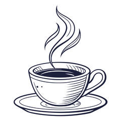 Hand drawn sketch of a steaming cup of coffee on a saucer