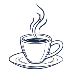 Stylized line art of a steaming cup of coffee on a saucer