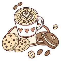 Cute coffee break with latte art cookies and coffee beans