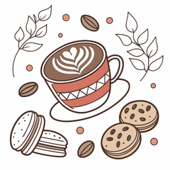 Cozy coffee break with latte art and cookies