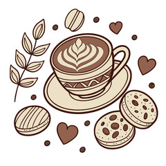 Cozy coffee break with latte art cookies and hearts