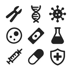 Gene Therapy Icons. Solid, filled icon set of gene therapy techniques: CRISPR tool, DNA strand, virus vector, cell, microscope