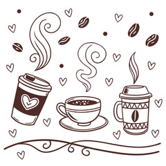 Cute hand drawn coffee cups and beans with hearts and steam