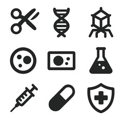 Gene Therapy Icons. Solid, filled icon set of gene therapy techniques: CRISPR tool, DNA strand, virus vector, cell, microscope