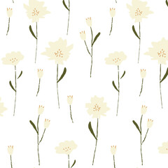 Seamless vector pattern of hand-drawn cream flowers and buds with olive green stems on white. Minimal flat style, organic brush texture. Ideal for fabric, packaging, stationery, and wallpapers.