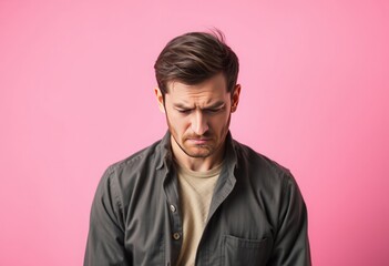 Fototapeta premium Caucasian man standing over pink background depressed