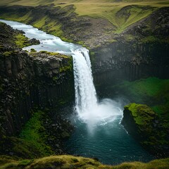 Fototapeta premium Icelandic waterfall, dramatic cliffs and vibrant green moss