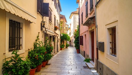 Obraz premium Sunlit cobblestone alleyway between pastel buildings, potted plants lining the sides