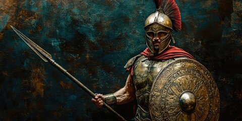 Male warrior in bronze armor holding spear and round shield wearing plumed helmet standing against dark textured background. Generative by AI.