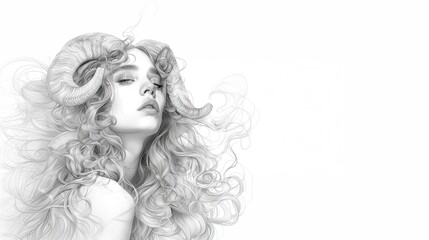 Fototapeta premium A woman with long, wavy hair and ram horns gazes confidently. The image features a minimalist design with a white background, emphasizing her striking features.