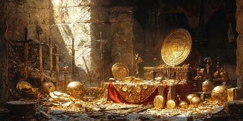 Pile of gold coins, shields, swords, golden vessels, and treasures in stone chamber lit by sunlight from above. Generative by AI.