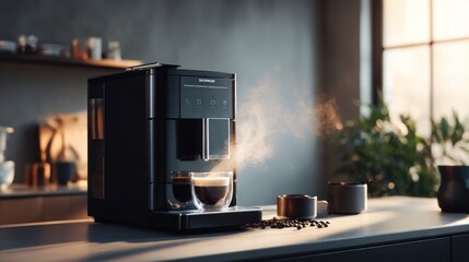 Modern Coffee Machine in Kitchen Setting: A sleek, contemporary coffee machine brews a rich cup of coffee within a modern kitchen interior, with the aroma of freshly brewed coffee swirling in the air.