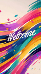 Gradient swirling lines framing the golden Welcome text on ivory surface.

