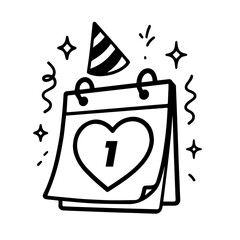 black calendar date icon with heart and party hat, number 1 highlighted, editable formats: ai, eps, jpg, png, ideal for both digital and print use
