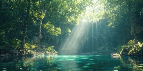 Tropical cenote cave with turquoise water, sunrays streaming through tree canopy, rocks, vines hanging, dense jungle vegetation, crystal clear pool, natural cave walls. Generative by AI.