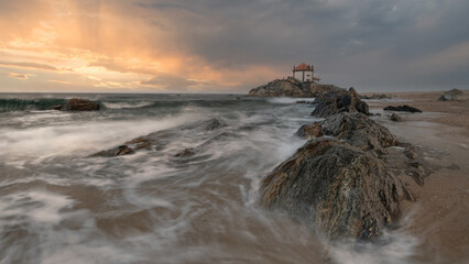 Capela do Senhor da Pedra, Portugal, Vila Nova de Gaia, Coast of Miramar - Travel and Art concept.
