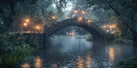 Stone pedestrian bridge with lamp posts crossing calm river, surrounded by autumn trees, reflections on water, misty background, park landscape, peaceful scenery. Generative by AI.