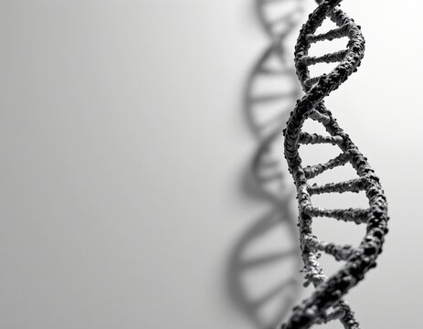 A grayscale image of a dna strand simulation with detailed shadows and crisp texture on a white background