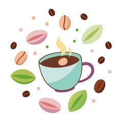 Warm cup of coffee surrounded by coffee beans and leaves