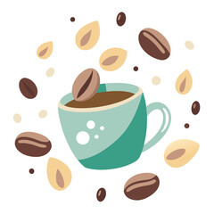 Cute illustration of a teal coffee cup with coffee beans and abstract shapes
