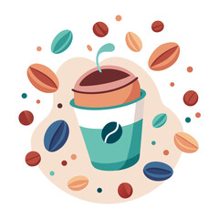 Colorful illustration of a coffee cup surrounded by coffee beans