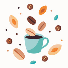 A light blue coffee cup with falling coffee beans and abstract shapes