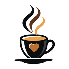 Black coffee cup with steam and heart logo