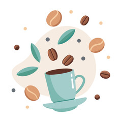 Whimsical illustration of coffee beans and leaves floating around a teal coffee cup