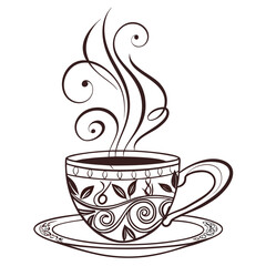 Elegant coffee cup with swirling steam and decorative pattern