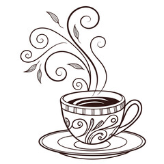 Decorative coffee cup with swirling steam and floral design