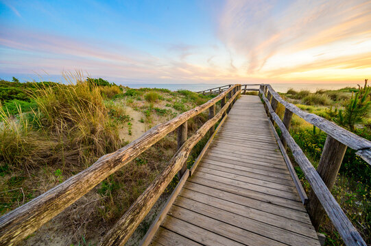 Wooden Walkway to paradise beach at sunset time - Tuscany -  Travel destination in Italy