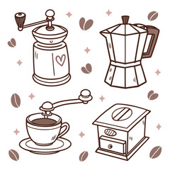 Hand drawn coffee making equipment and beans with sparkles
