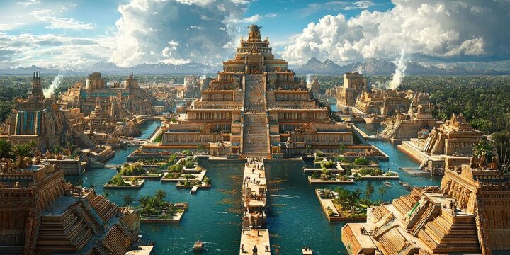 Large stepped pyramid complex with temples canals boats and islands surrounded by river with distant mountains under blue sky. Generative by AI.