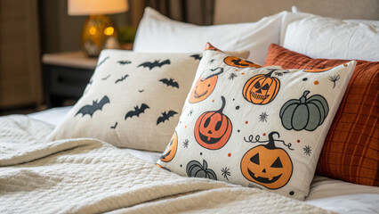 Soft bed adorned with Halloween themed throw pillows featuring pumpkins and bats, creating cozy and festive atmosphere perfect for season