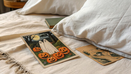 Vintage Halloween postcard featuring playful ghosts and carved pumpkins on cozy linen bedding, creating nostalgic and festive atmosphere perfect for season