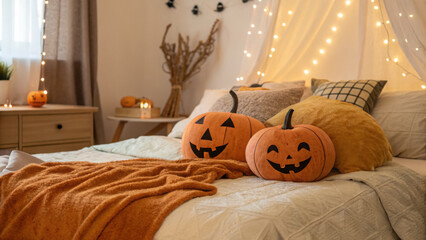 Cozy bed with pumpkin pillows, soft lighting creates warm and inviting atmosphere perfect for Halloween. decor adds festive touch to room, enhancing seasonal charm