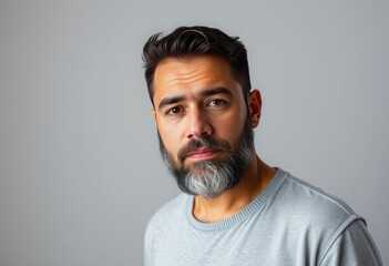 Middle age hispanic man with beard standing over isolated background