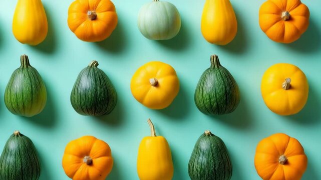 A row of vegetables including squash, pumpkins, and zucchini. The squash are yellow and green, and the pumpkins are orange